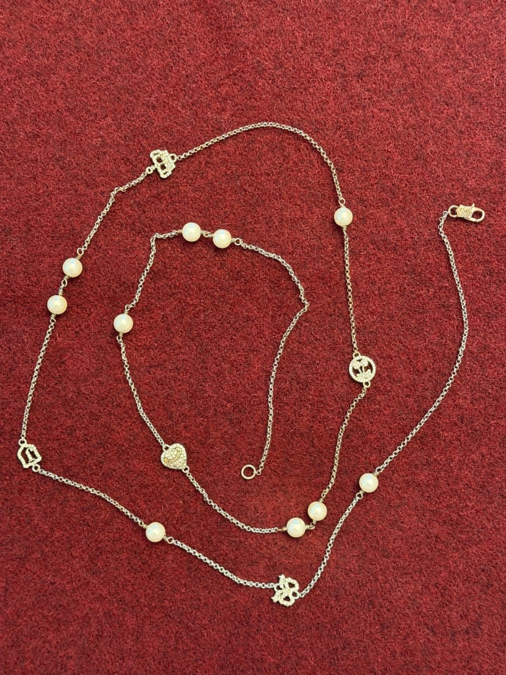 Juicy Couture Pave Icons Pearl Long Single Strand Silver Necklace
